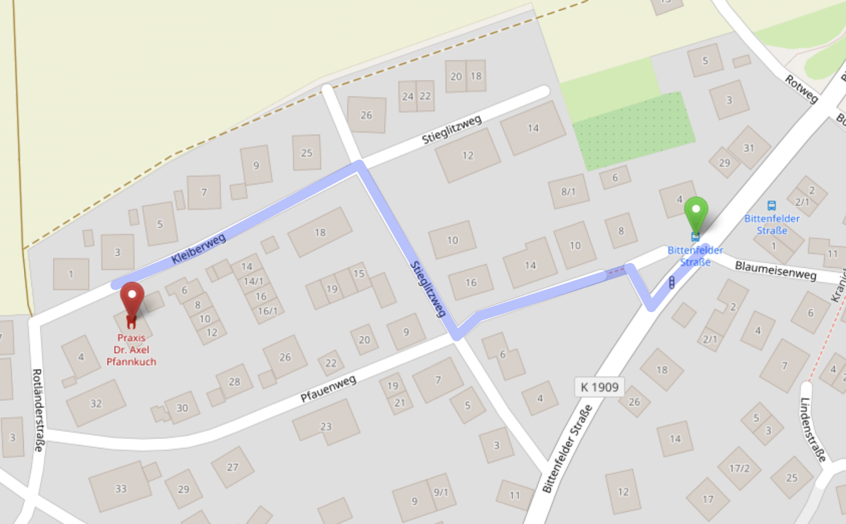 Karte der Umgebung der Zahnarztpraxis Dr. Pfannkuch in Hohenacker